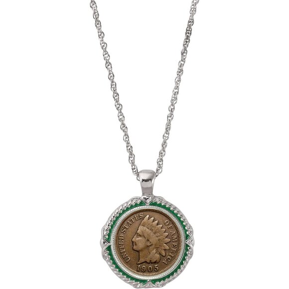 Unique Indian Head Penny Necklace - Green Enamel & Lobster Clasp, Gift-Ready Box - Picture 1 of 5